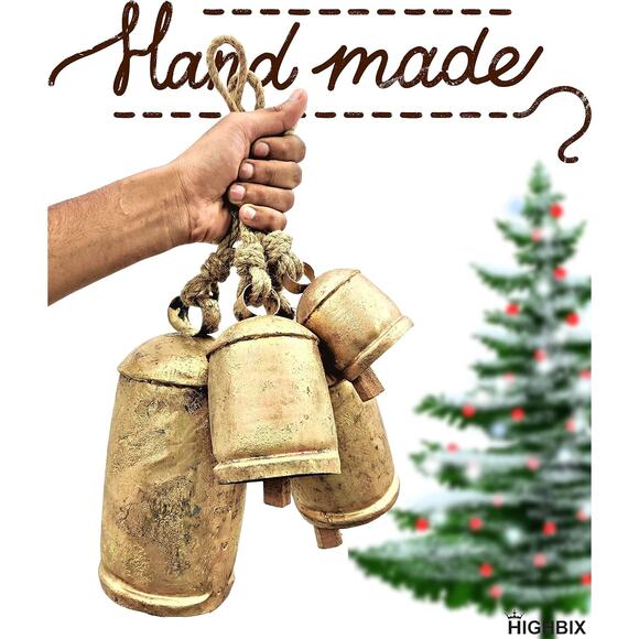 Set 3 Rustic Handmade Brass Cow Bells Vintage Large Christmas Hanging Decor - Picture 2 of 5